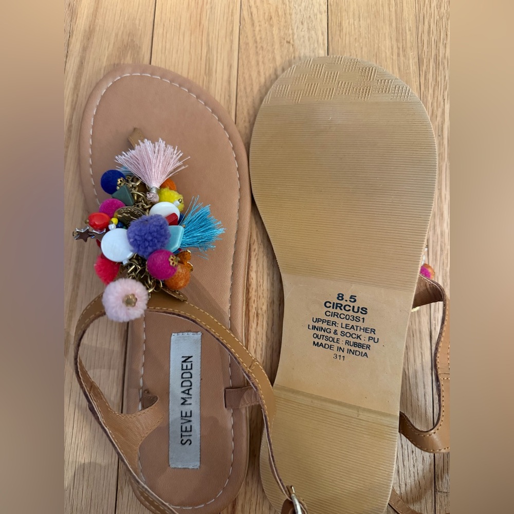 Steve Madden Tan Sandals with Multicolor Pom Poms - Picture 2 of 3